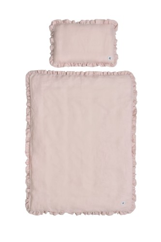 Pościel lniana z falbanką dusty pink S z wypełnieniem - Bellamy