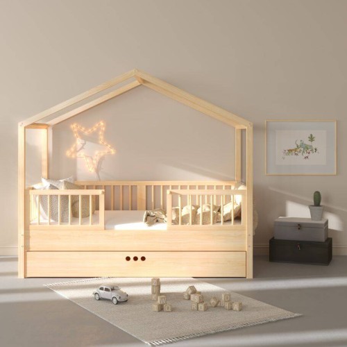 Łóżko 80x160 domek z szufladą i barierkami DREAM NEST sosnowe/pine