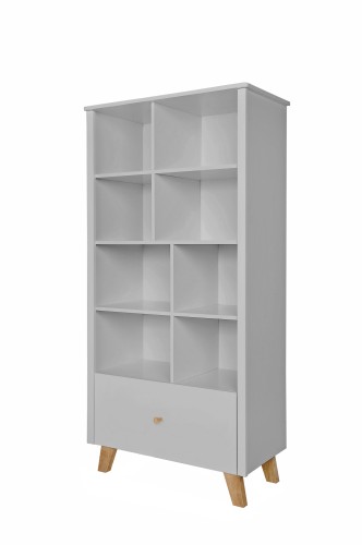 Szary regał Zara biblioteczka na drewnianych nogach do pokoju dziecka Novelies